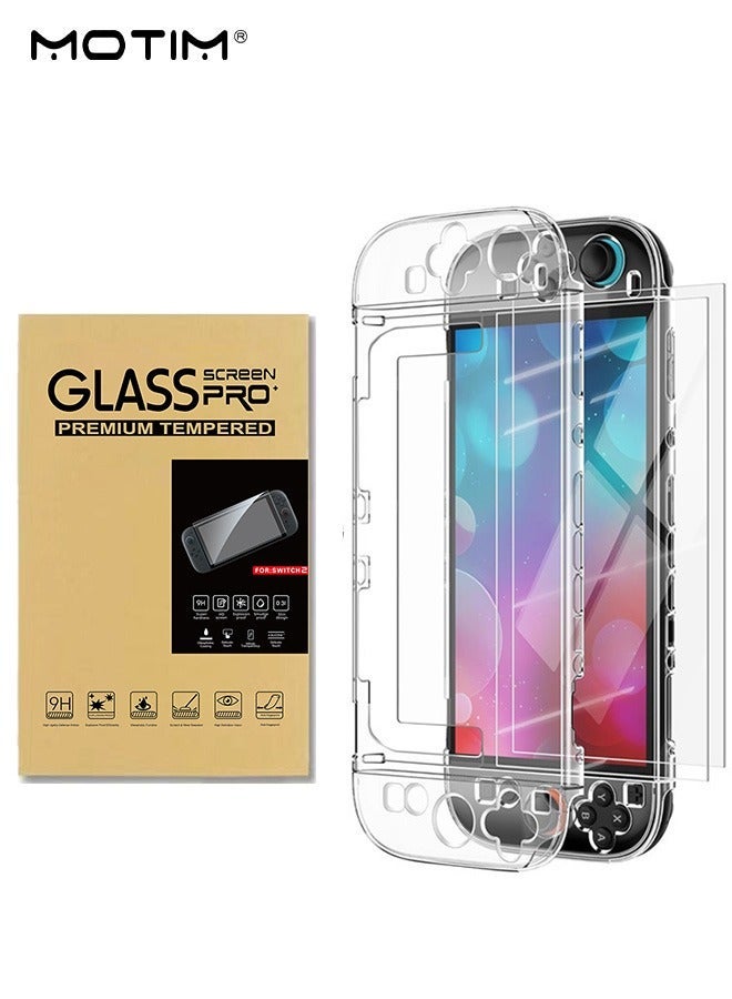 موتيم حافظة شفافة قابلة للتثبيت لجهاز Nintendo Switch 2 Case (2025) مع واقي شاشة من الزجاج المقوى، 2 في 1، ممتص للصدمات، مضاد للخدش، غطاء TPU صلب مقاوم للانزلاق، حافظة واقية لحمل جهاز التحكم Joy-Con - Image 1