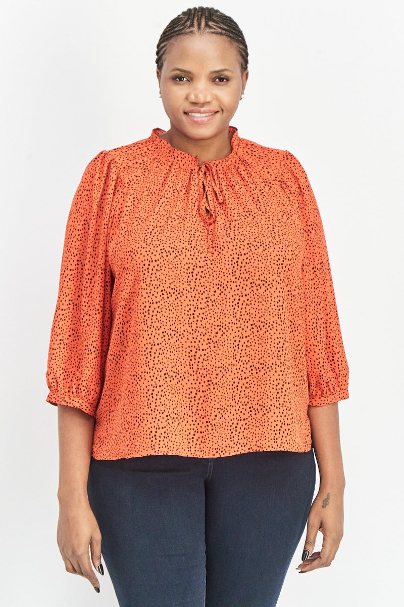 Women Tie Neck Elbow Sleeves Polka Dots Top, Red