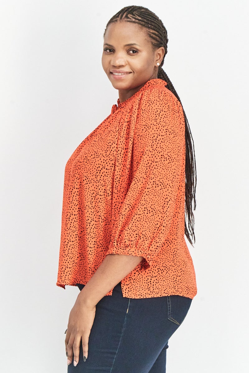 Women Tie Neck Elbow Sleeves Polka Dots Top, Red