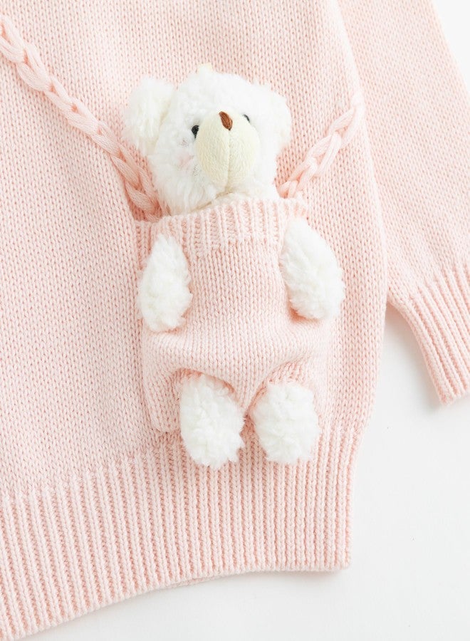 Simplee kids كنزة صوفية محبوكة للأطفال من سيمبلي كيدز، مزينة بدب في الجيب، كنزة صوفية للأطفال الصغار، ملابس خريفية وشتوية لطيفة للأطفال بعمر سنتين، لون وردي - Image 5