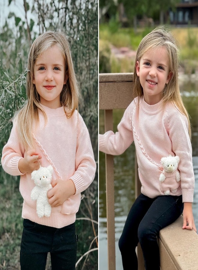 Simplee kids كنزة صوفية محبوكة للأطفال من سيمبلي كيدز، مزينة بدب في الجيب، كنزة صوفية للأطفال الصغار، ملابس خريفية وشتوية لطيفة للأطفال بعمر سنتين، لون وردي - Image 2