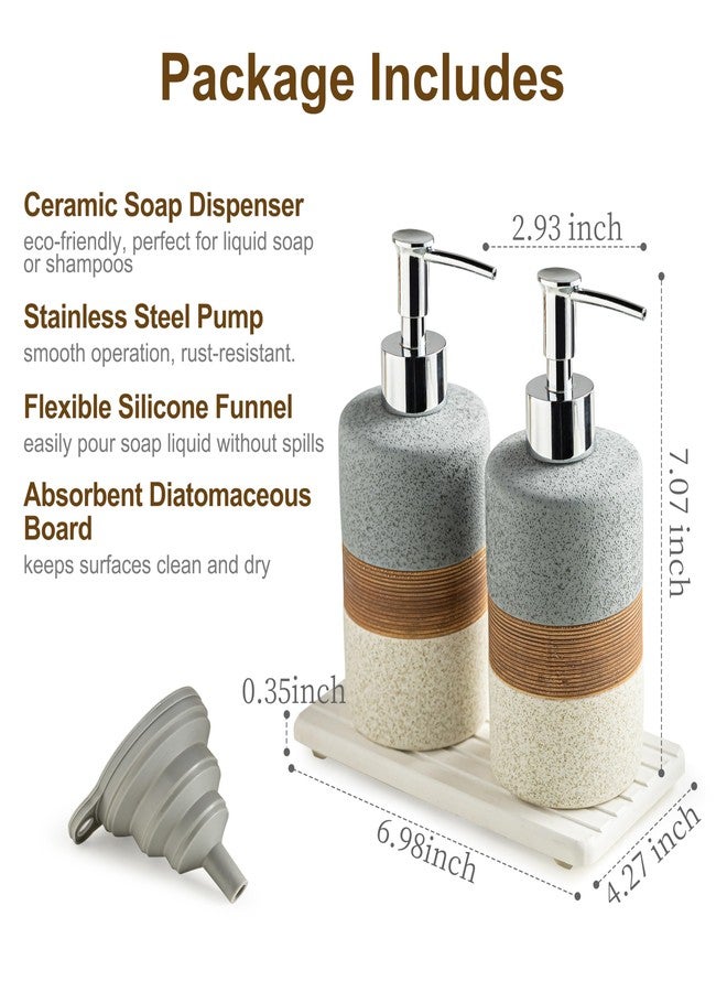 Cormomu Ceramic Soap Dispenser Set(2 Pack) - Hand Soap, Dish Soap, Shampoo & Shower Soap Dispenser for Bathroom & Kitchen, 12 Oz, Includes Silicone Funnel & Diatomaceous Tray, Gray - Image 3