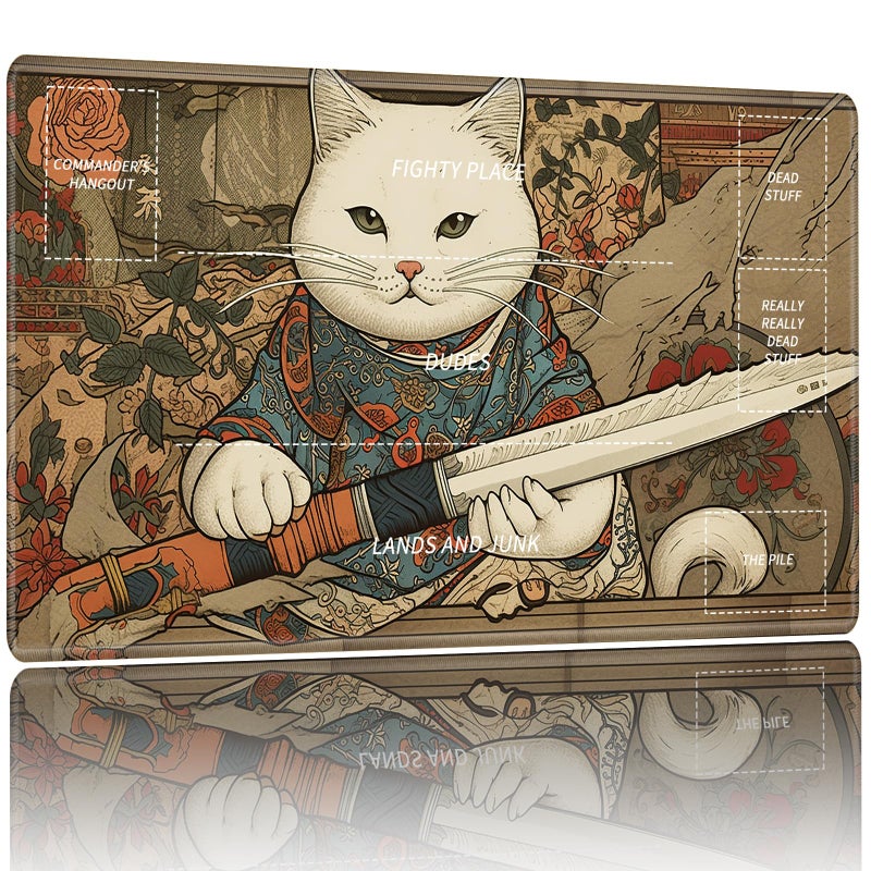 WZCJDHMJ Playmat for MTG,Card Playmat Stitched with Zones for MTG Card Game Playing, TCG and Board Game Mat for Cards,Mousepad Desk Mats,Game Mat 24 x 14 inches-Cat with Sword - Image 1