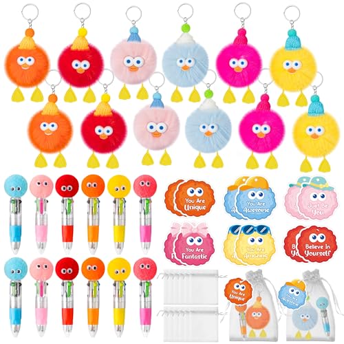 TICIAGA Fluffy Pom Pom Classroom Prize 24 Set Cute Plush Toy Keychains with Motivational Gift Tags 4in1 Ballpoint Pens and Organza Bags Birthday Valentines Gifts for Girls Goodies Bag Fillers - Image 1