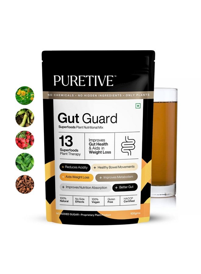 Puretive PURETIVE GUT GUARD | Stomach cleanser for Constipation, Gas & Bloating with 13 Superherbs Nutritional Mix (Sugar free) | Daily Drink | 100% Pure Vegan | Non-Habit forming I 100gms Pack of 2  - Image 1