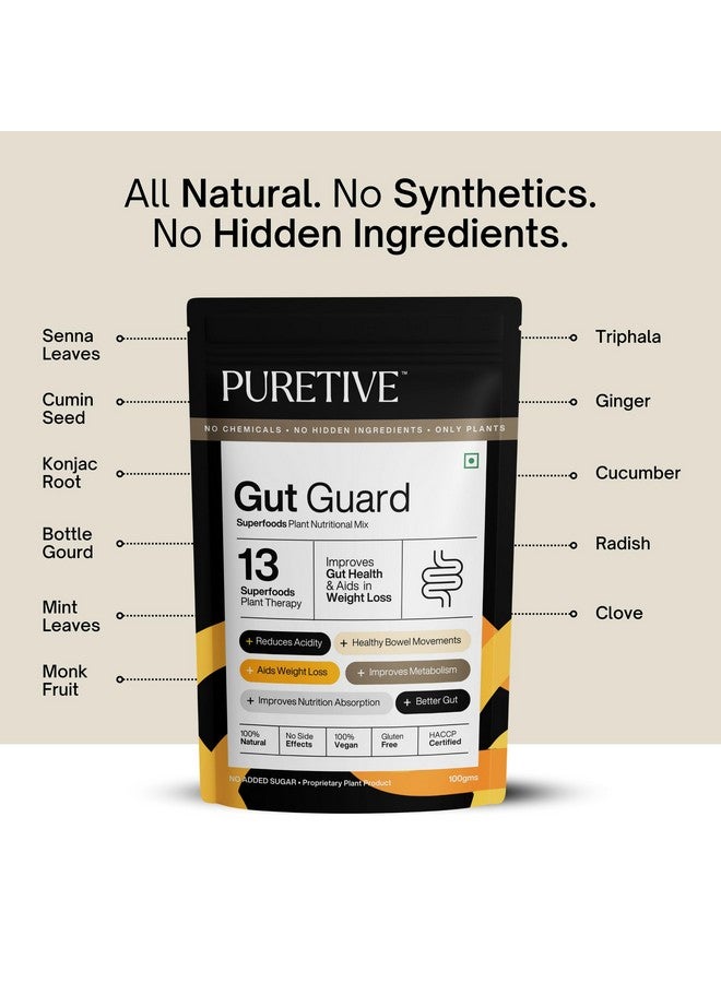 Puretive PURETIVE GUT GUARD | Stomach cleanser for Constipation, Gas & Bloating with 13 Superherbs Nutritional Mix (Sugar free) | Daily Drink | 100% Pure Vegan | Non-Habit forming I 100gms Pack of 2  - Image 4