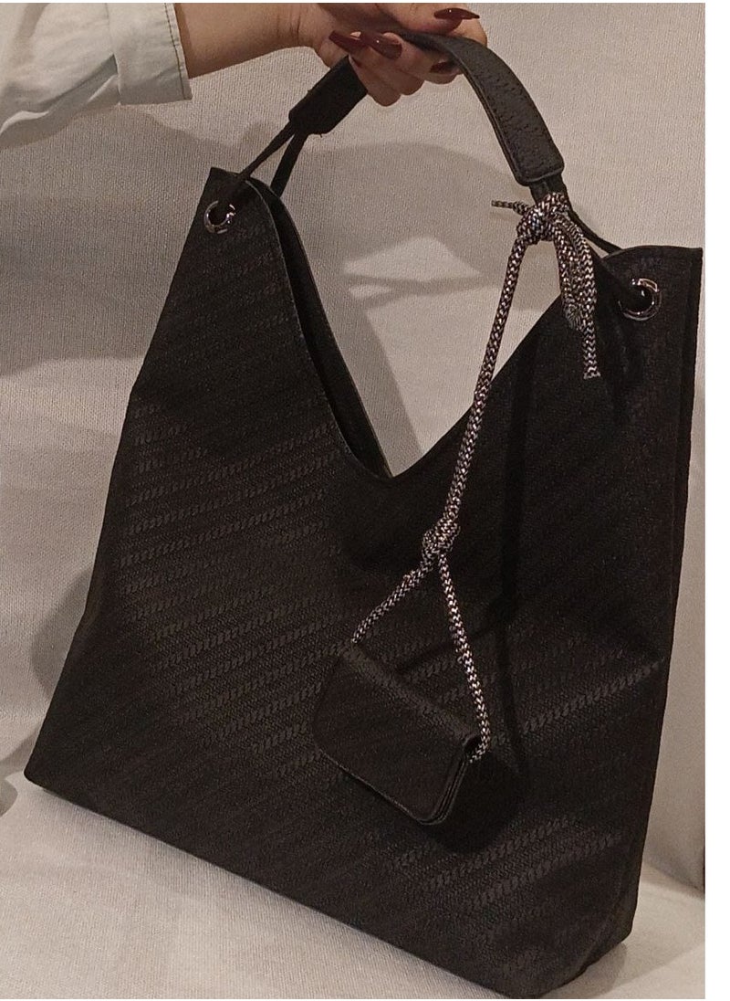 PACIFIC Black denim bag. Shoulder bag + small bag. Stylish and practical 40x37. 