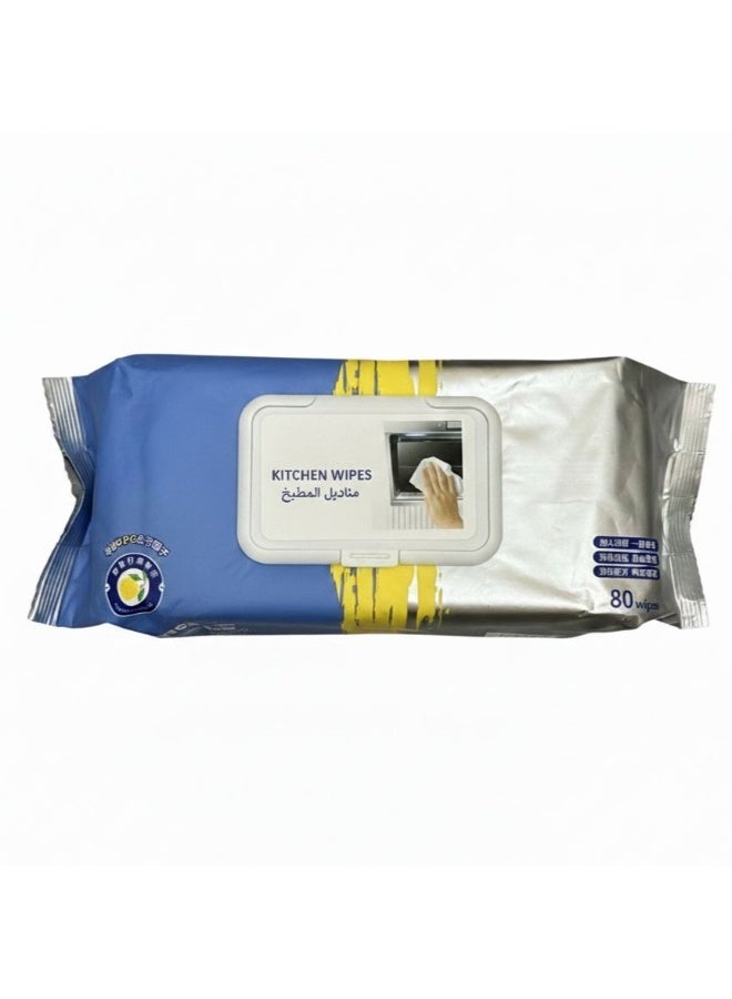 مناديل تنظيف المطبخ الرطبة – عبوة واحدة (80 قطعة)، مناديل تنظيف مخصصة للمطبخ والفرن، تنظيف فعّال وإزالة قوية للدهون، آمنة على البشرة – برائحة الليمون. - Image 1