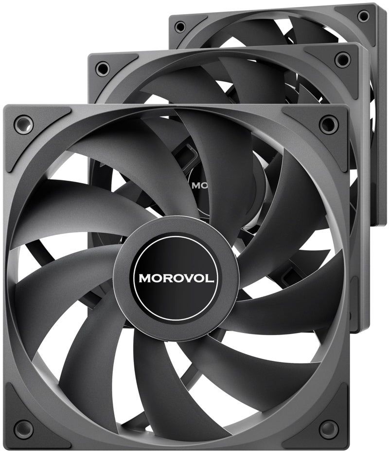 MOROVOL Case Fan, 3-Pack 120mm 4-Pin PWM Quiet Computer Fan, Hydraulic Bearing, Adjustable Speed 600RPM-1600RPM, Excellent Heat Dissipation Performance, Black, Non-LED - Image 1