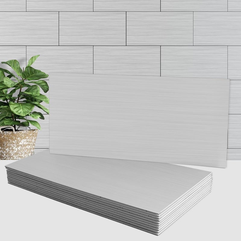 AULIGET 2-Piece Brushed Metal Peel and Stick Backsplash Tile, 6" x 12" Silver Aluminum Stick on Tiles for Backsplash Kitchen, Bathroom, Laundry Room, Camper, Fireplace - Image 1