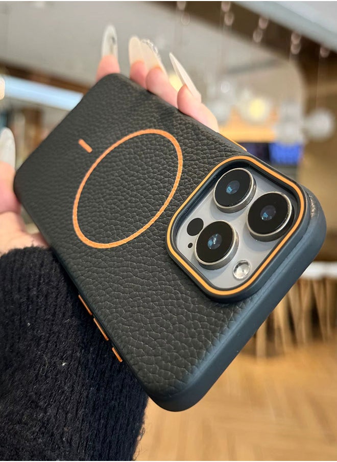 جراب هاتف أيفون ماج سيف لهاتف iPhone 16 Pro Max  جراب جلد بإطار مطاطي عالي الجودة وجراب جلدي رفيع بنمط الليتشي مع حماية عدسة الكاميرا وغطاء مقاوم للصدمات ويدعم الشحن اللاسلكي وغطاء جلدي لهاتف iPhone 16 Pro Max - أسود