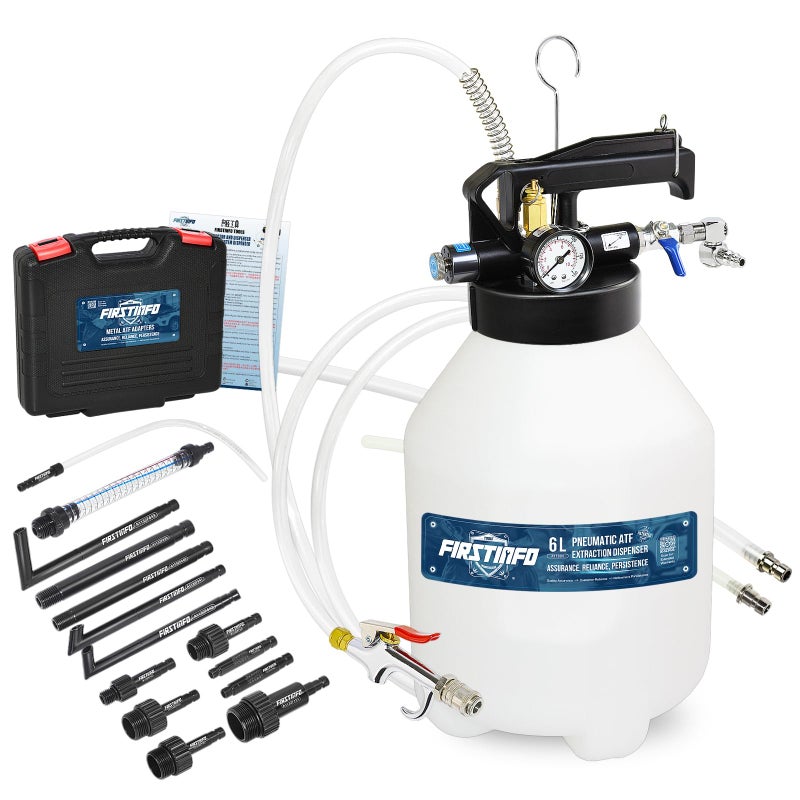 FIRSTINFO A1132NUS Patented 6 Liter 14 Pcs TaiwanATF Filler Adapters Pneumatic Transmission Fluid Dispenser Pump Hanging Hook 360 ZSwivel Air Fitting Spring Structure Hose