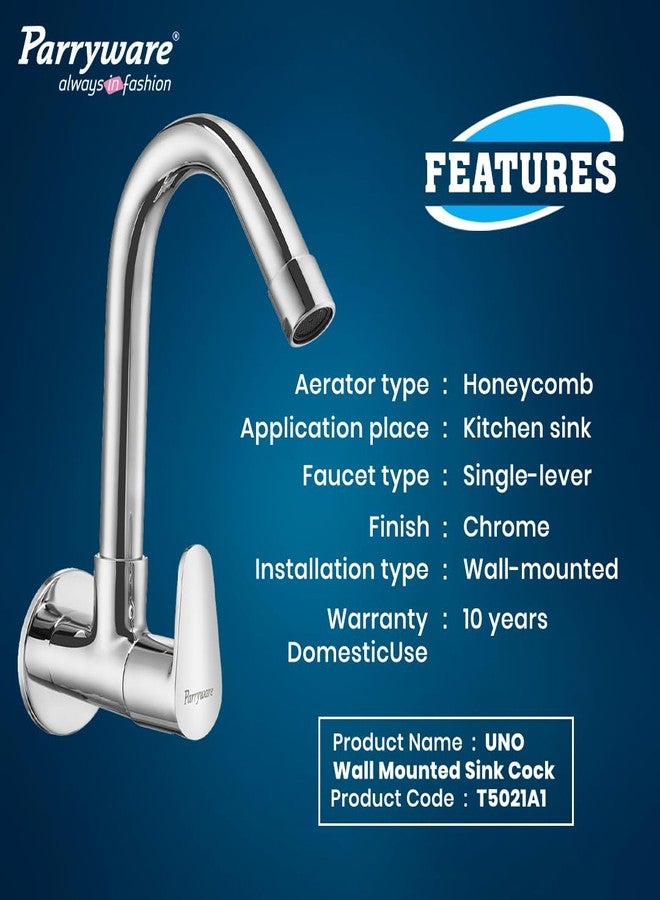 Parryware صنبور حوض باري وير أونو المُثبّت على الحائط | صنبور حوض مطبخ مُثبّت على الحائط بذراع واحد مع مُهوية على شكل خلية نحل لتوفير المياه | طلاء كروم | T5021A1 - Image 3