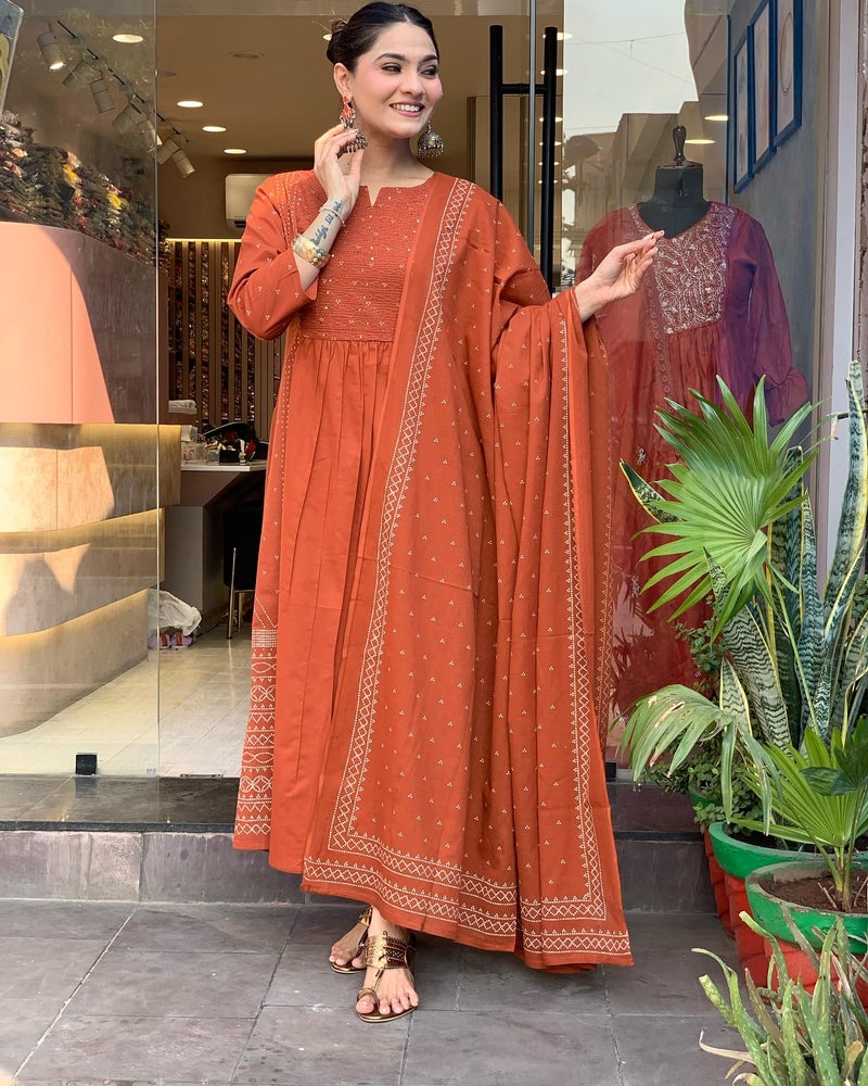 ANNI Designer Women's Rayon Viscose Anarkali Printed Kurta with Pant & Dupatta (Hamlet Orange_XL_Orange_X-Large) - Image 2
