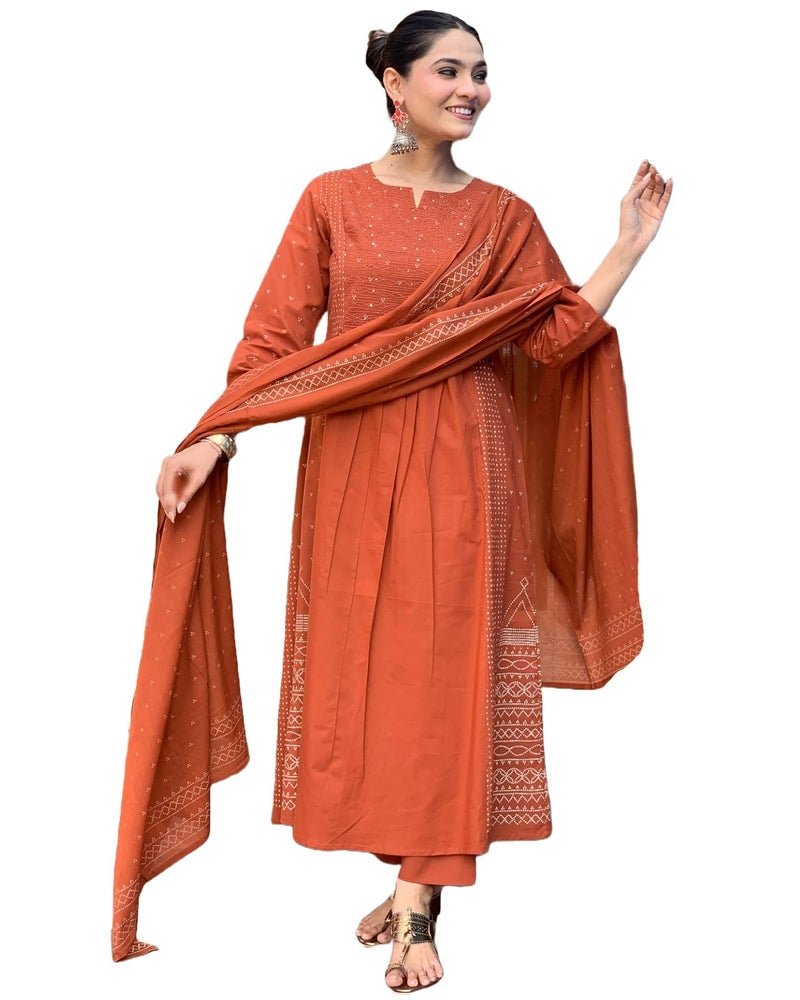 ANNI Designer Women's Rayon Viscose Anarkali Printed Kurta with Pant & Dupatta (Hamlet Orange_XL_Orange_X-Large) - Image 1