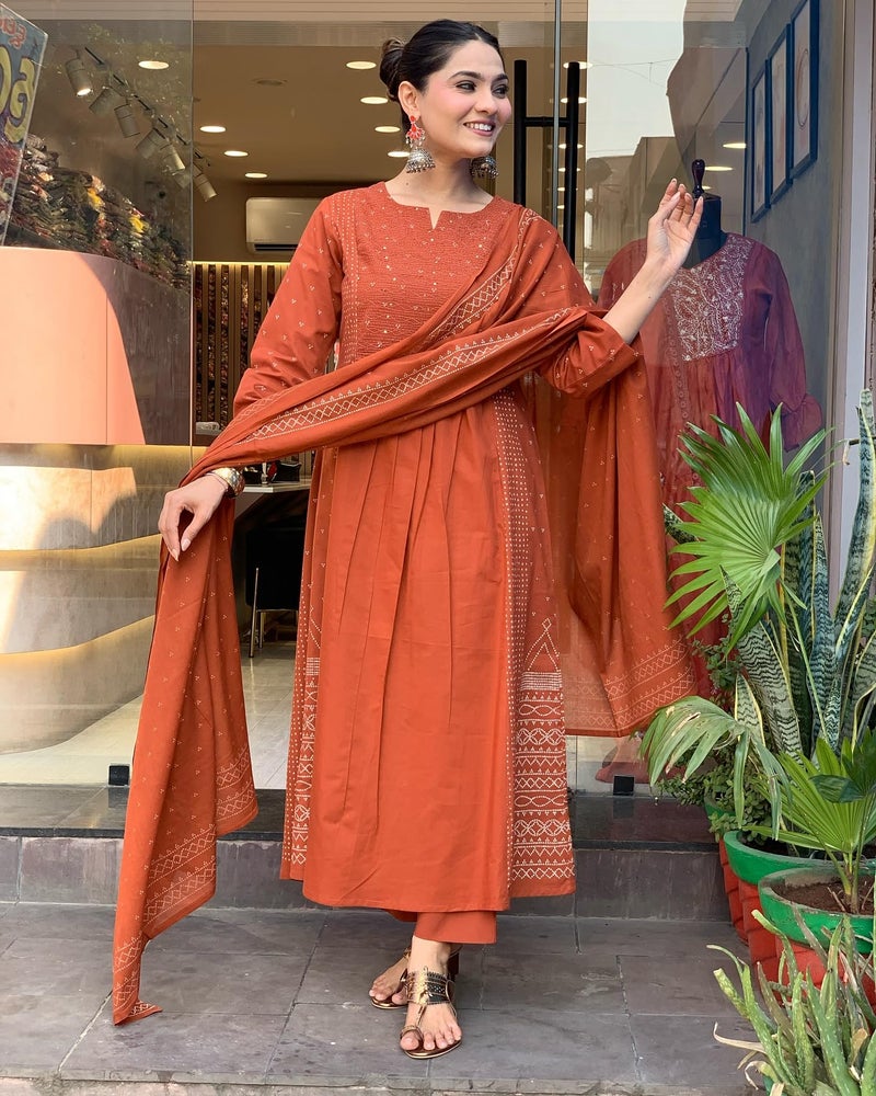 ANNI Designer Women's Rayon Viscose Anarkali Printed Kurta with Pant & Dupatta (Hamlet Orange_XL_Orange_X-Large) - Image 3