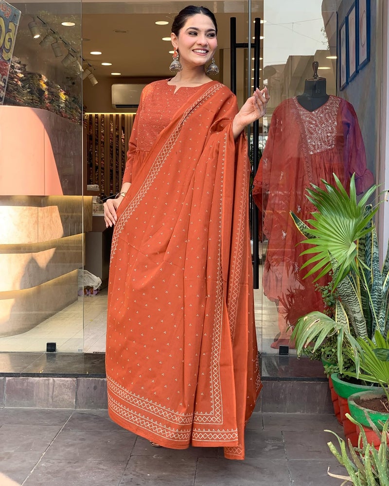 ANNI Designer Women's Rayon Viscose Anarkali Printed Kurta with Pant & Dupatta (Hamlet Orange_XL_Orange_X-Large) - Image 5