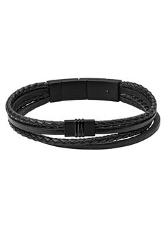 FOSSIL Men's Leather Multi Strand Braided Leather Bracelet with Stainless Steel Magnetic Closure, Black  - Image 1