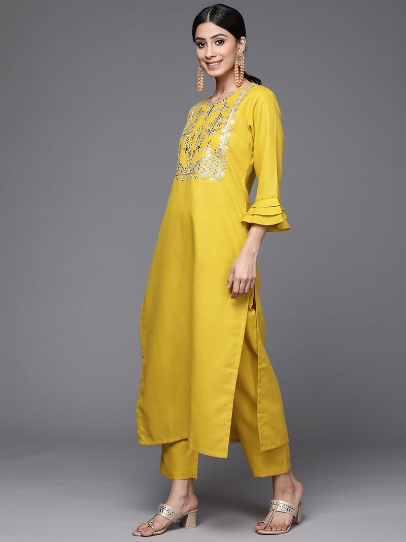 Varanga Women Yellow Yoke Design Kurta with Trousers and Dupatta Set – Embroidered Straight Kurta with Round Collar, Three-Quarter Sleeves, Side Slits, Elasticated Trouser & Printed Bandej Dupatta - Image 3