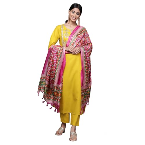 Varanga Women Yellow Yoke Design Kurta with Trousers and Dupatta Set – Embroidered Straight Kurta with Round Collar, Three-Quarter Sleeves, Side Slits, Elasticated Trouser & Printed Bandej Dupatta - Image 1