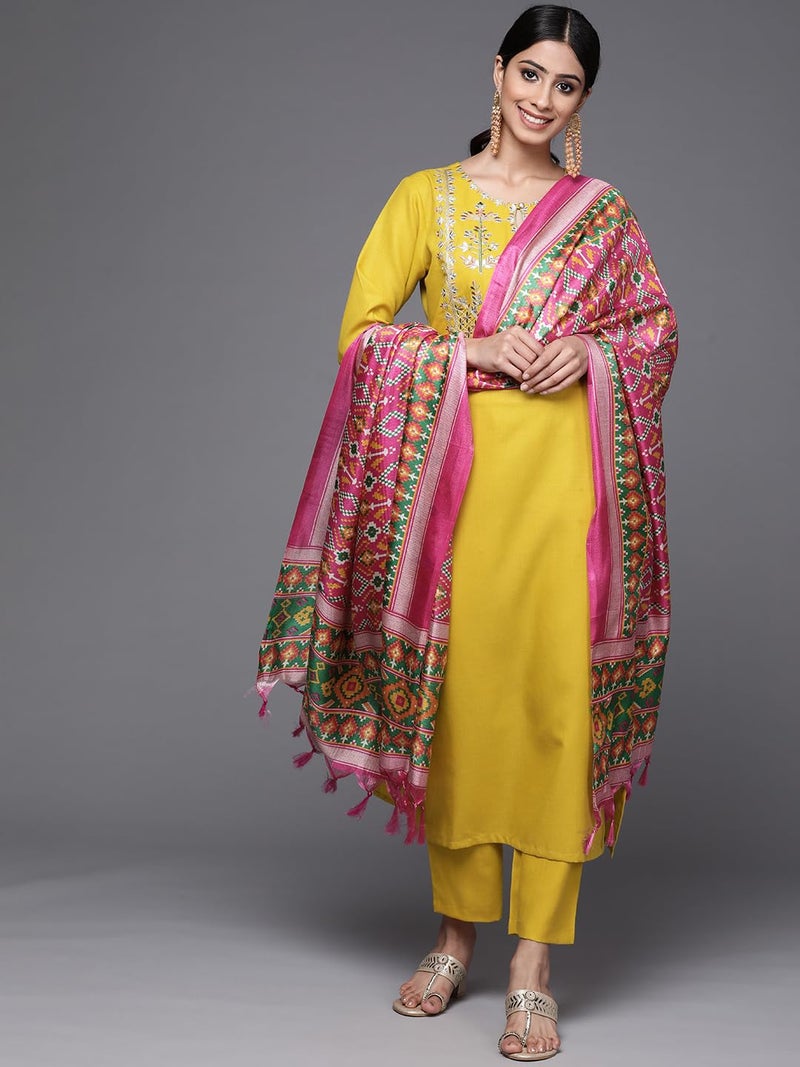 Varanga Women Yellow Yoke Design Kurta with Trousers and Dupatta Set – Embroidered Straight Kurta with Round Collar, Three-Quarter Sleeves, Side Slits, Elasticated Trouser & Printed Bandej Dupatta - Image 2