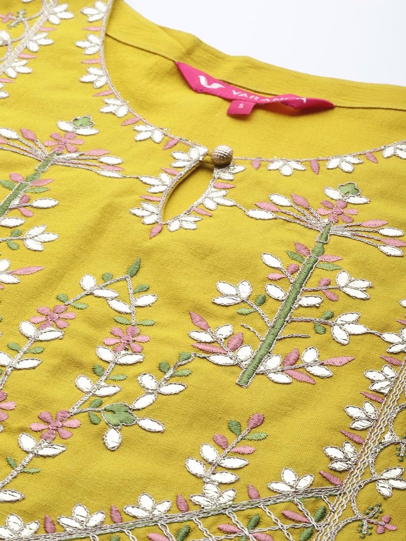 Varanga Women Yellow Yoke Design Kurta with Trousers and Dupatta Set – Embroidered Straight Kurta with Round Collar, Three-Quarter Sleeves, Side Slits, Elasticated Trouser & Printed Bandej Dupatta - Image 5