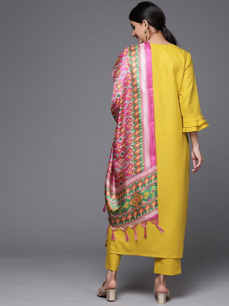 Varanga Women Yellow Yoke Design Kurta with Trousers and Dupatta Set – Embroidered Straight Kurta with Round Collar, Three-Quarter Sleeves, Side Slits, Elasticated Trouser & Printed Bandej Dupatta - Image 4