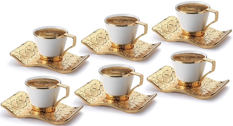 DEMMEX Turkish Greek Arabic Bosnian Coffee  Espresso Cup Set for 6  18 Pcs Porcelain Demitasse Cups 26 Oz80ml with Gold Metal Holders  Saucers  Ottoman Chic Elegance White  Gold