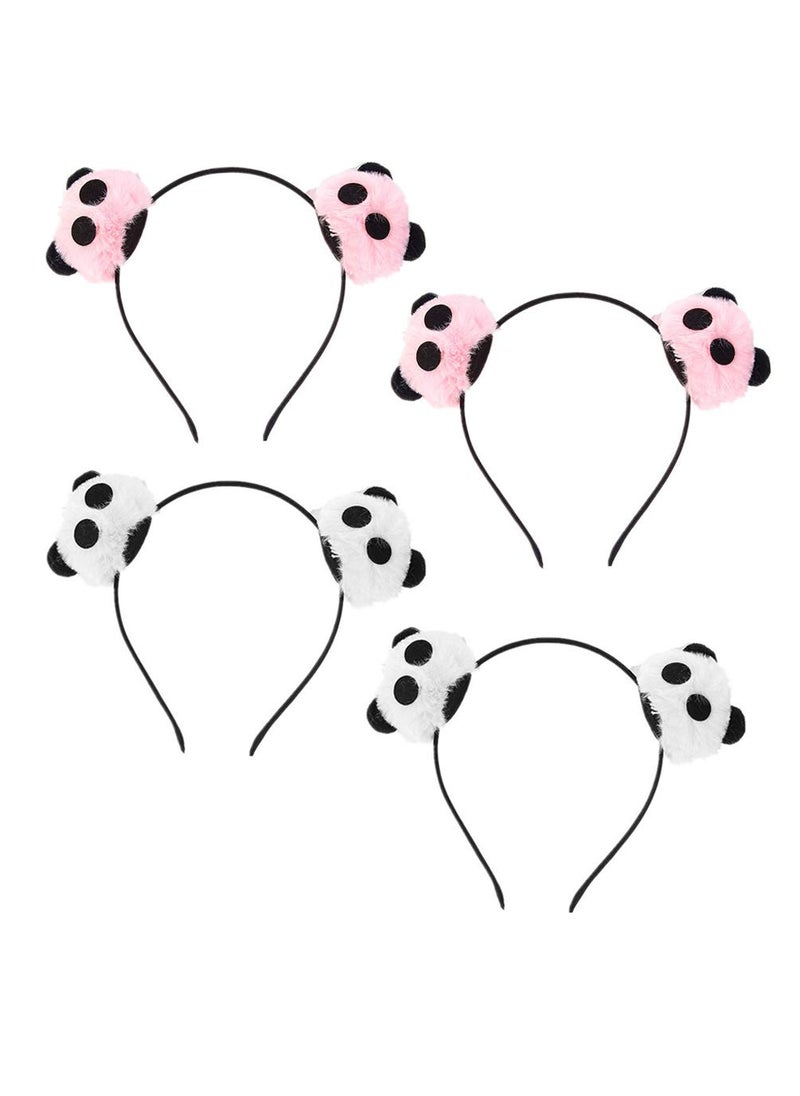 Teensery 4 Pcs Faux Pompom Panda Headbands Cute Furry Hair Hoop for Women Girls Kids Cosplay Halloween Makeup Headpiece Hair Accessories 