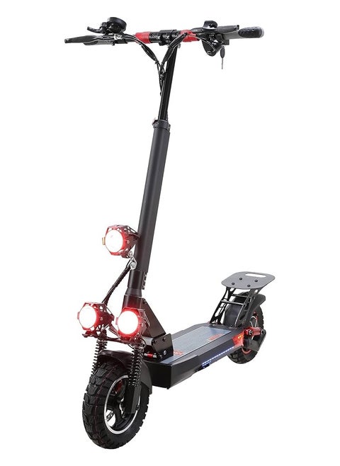 Electric scooter with comfortable seat, digital display, 48V battery, mobile stand, front and rear lights, front and rear aids, Bluetooth, and safety switches for safe and comfortable driving