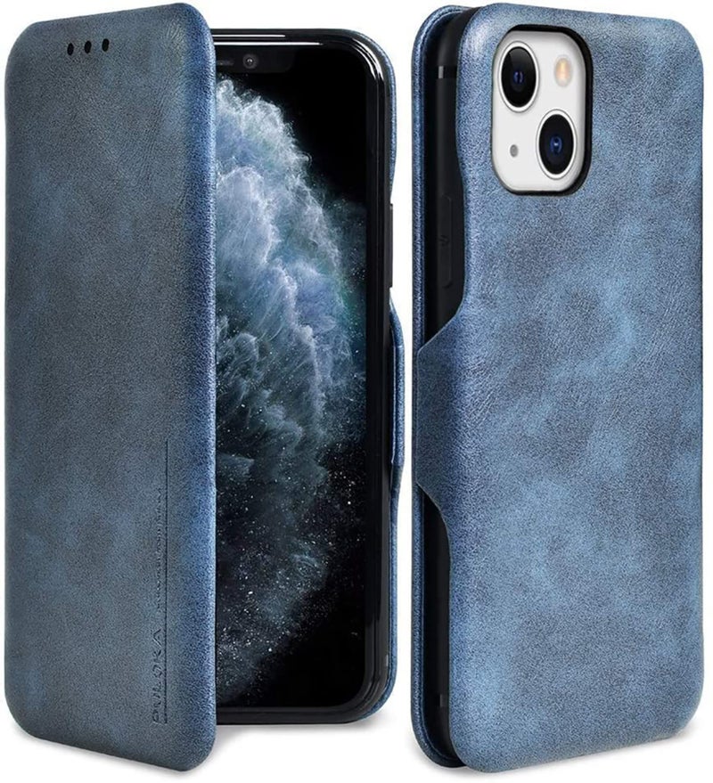 PULOKA for iPhone 14 - Sleek Flip Case - Premium Vegan Leather Phone Cover with Card Slot - Slim, Durable, Privacy Protection - Kickstand Function - Elegant Flip Wallet Cases for Apple - Blue - Image 1
