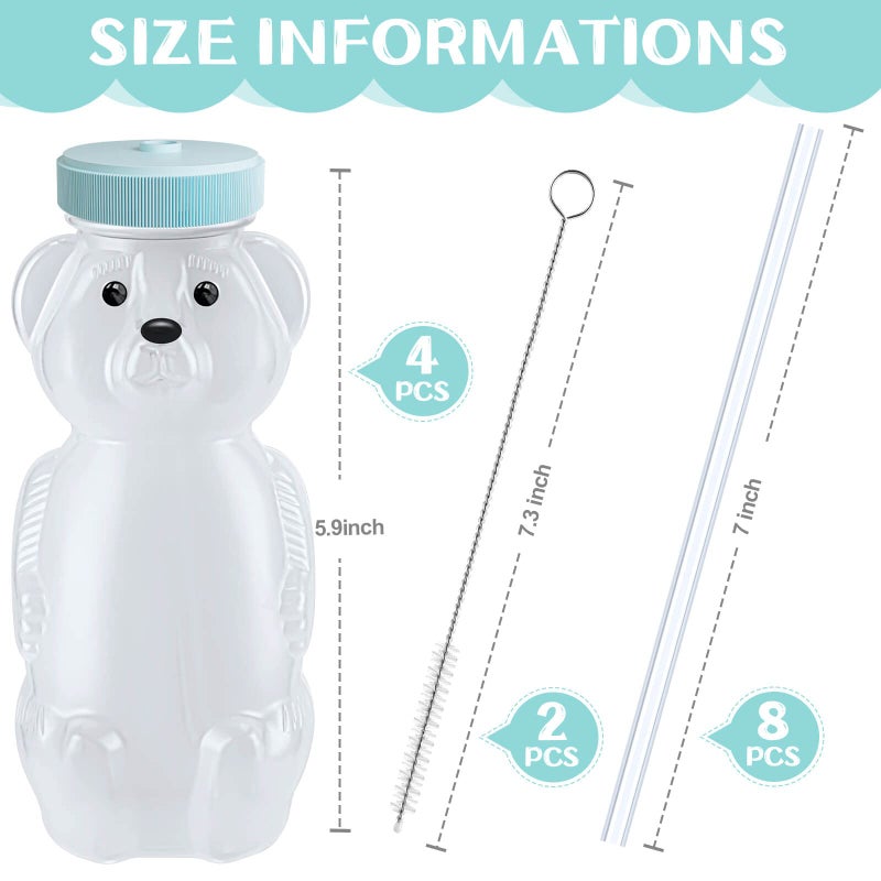 KVCSYAW 4 PCS Honey Bear Straw Cup, Baby Straw Cups with 8 Flexible Straws and 1 Straw Brushes, 8oz Special Supplies Juice Bear Bottle for Infant Feeding, Drinking Needs of Those with Poor Oral Health (Blue)  - Image 2