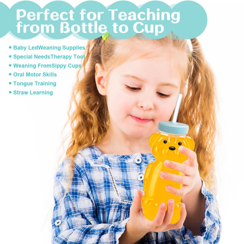KVCSYAW 4 PCS Honey Bear Straw Cup, Baby Straw Cups with 8 Flexible Straws and 1 Straw Brushes, 8oz Special Supplies Juice Bear Bottle for Infant Feeding, Drinking Needs of Those with Poor Oral Health (Blue)  - Image 4