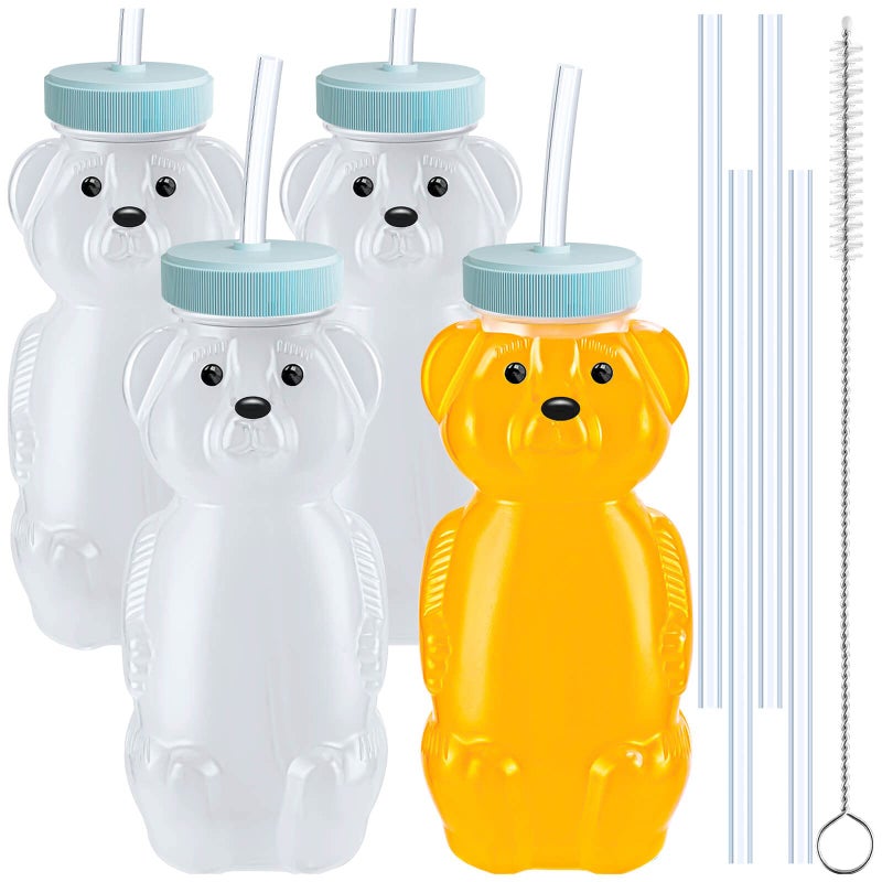 KVCSYAW 4 PCS Honey Bear Straw Cup, Baby Straw Cups with 8 Flexible Straws and 1 Straw Brushes, 8oz Special Supplies Juice Bear Bottle for Infant Feeding, Drinking Needs of Those with Poor Oral Health (Blue)  - Image 1