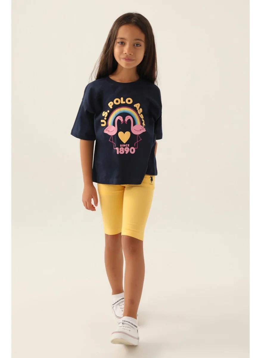 يو اس بولو اسن Licensed Rainbow Navy Blue Girls Bermuda Set