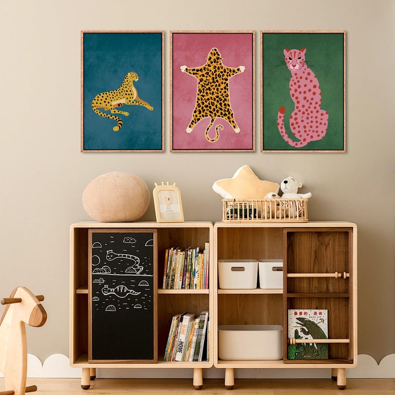 Ausril Cheetah Animals Framed Canvas Wall Art Set, Leopard Preppy Room Wall Decor, Modern Boho Cats Wall Painting, Pink Dot Cartoon Art Print for Living Room Bedroom Dinning Room Office 24"x36"x3 - Image 5