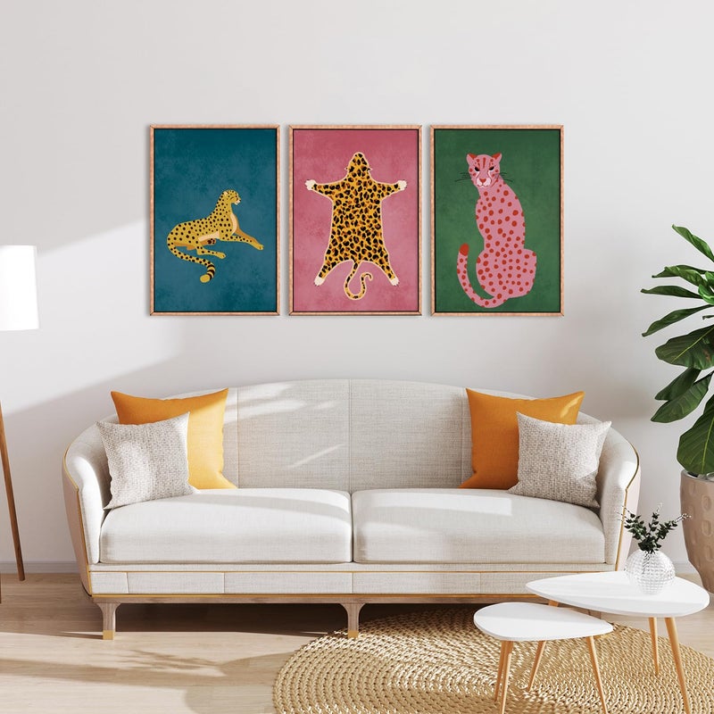 Ausril Cheetah Animals Framed Canvas Wall Art Set, Leopard Preppy Room Wall Decor, Modern Boho Cats Wall Painting, Pink Dot Cartoon Art Print for Living Room Bedroom Dinning Room Office 24"x36"x3 - Image 2