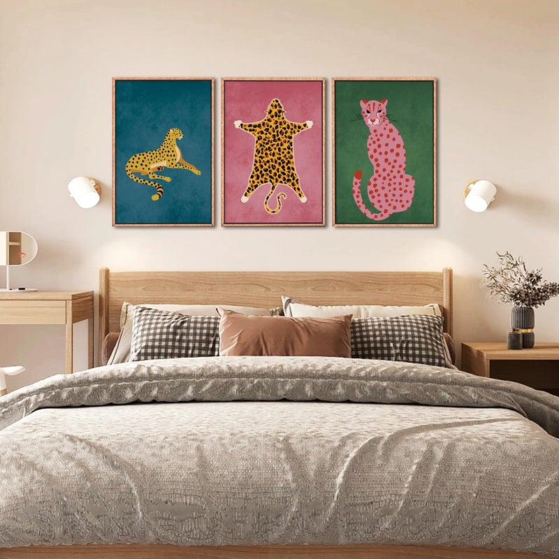 Ausril Cheetah Animals Framed Canvas Wall Art Set, Leopard Preppy Room Wall Decor, Modern Boho Cats Wall Painting, Pink Dot Cartoon Art Print for Living Room Bedroom Dinning Room Office 24"x36"x3 - Image 3