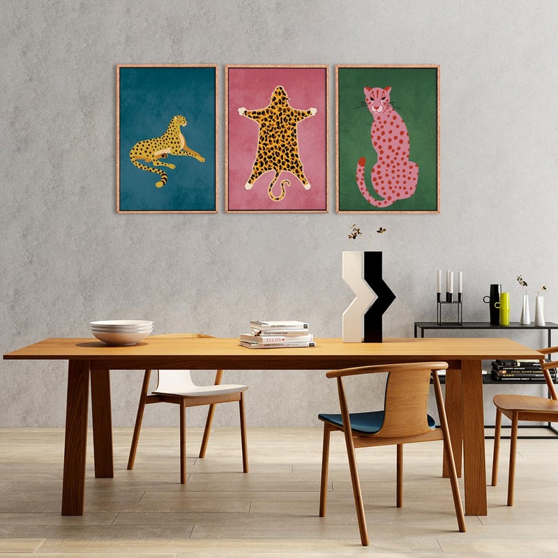 Ausril Cheetah Animals Framed Canvas Wall Art Set, Leopard Preppy Room Wall Decor, Modern Boho Cats Wall Painting, Pink Dot Cartoon Art Print for Living Room Bedroom Dinning Room Office 24"x36"x3 - Image 4