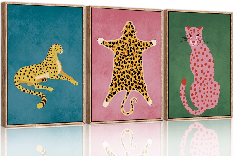 Ausril Cheetah Animals Framed Canvas Wall Art Set, Leopard Preppy Room Wall Decor, Modern Boho Cats Wall Painting, Pink Dot Cartoon Art Print for Living Room Bedroom Dinning Room Office 24"x36"x3 - Image 1
