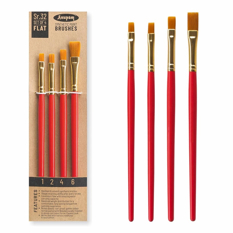 Anupam Flat Synthetic Painting Brush Set of 4pc Short Handle Painting Brush for WatercolorAcrylic One Stroke Painting Sr 32