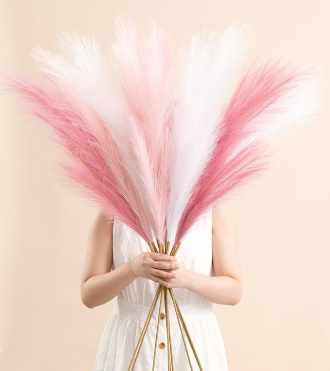 9 PCS 45 PAMPAS GRASS TALL PINK WHITE DECOR FAUX DRIED FLUFFY FAKE LONG LIGHT PINK POMPAS ARTIFICIAL POMPOUS STEMS BOUQUET FLOWER VASE FILLER HOME WEDDING ROOM WALL DECORATION