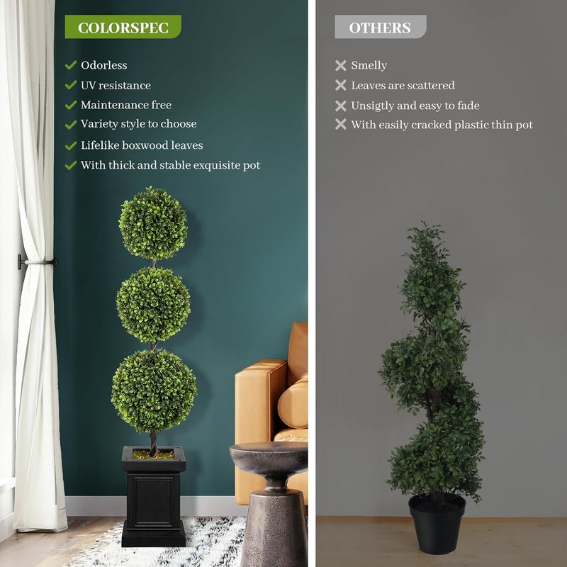 colorspec 3.5ft Boxwood Outdoor Topiary Set of 2, Tall All Year Green Fake Plant Topiary Trees Artificial Outdoor Porch Trees with Sturdy Pot for Outdoor Indoor (Ball) - Image 3