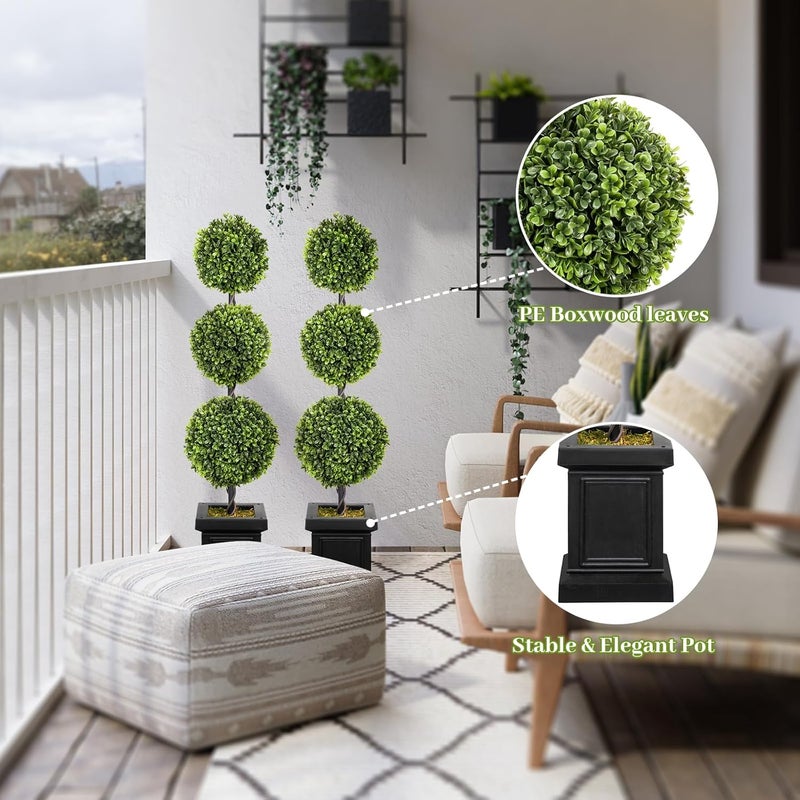 colorspec 3.5ft Boxwood Outdoor Topiary Set of 2, Tall All Year Green Fake Plant Topiary Trees Artificial Outdoor Porch Trees with Sturdy Pot for Outdoor Indoor (Ball) - Image 2
