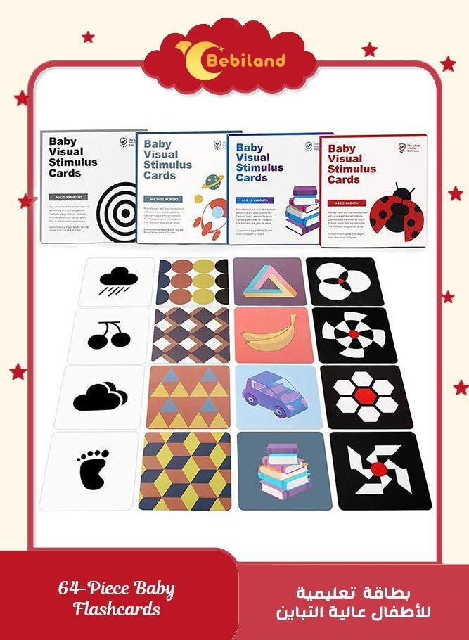بيبي لاند بطاقة تعليمية للأطفال عالية التباين ، 64 قطعة 128 صفحة أسود أبيض ملون التحفيز البصري بطاقة نشاط التعلم اللعب للأطفال حديثي الولادة 0-3 سنوات - Image 1