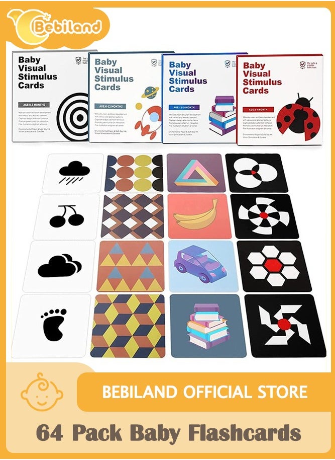 Bebiland 64 Pack High Contrast Baby Flashcards, 128 Page Black White Colorful Visual Stimulation Learning Activity Card Toys for 0-3 Years Old Newborn Infants  - Image 1