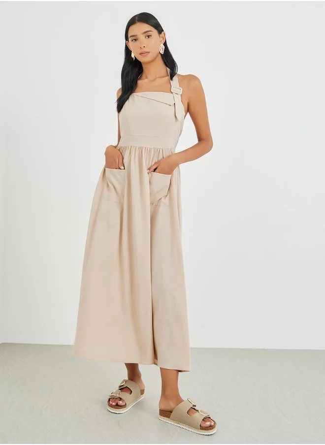 Take Two Take Two Solid Halter Neck Midi Dress with Pocket Detail