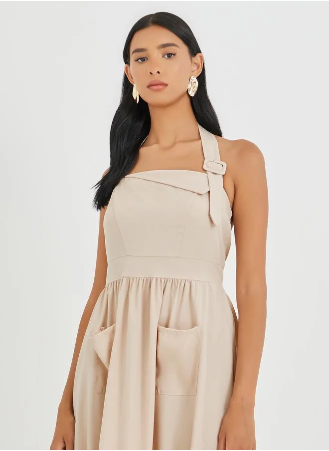 Take Two Take Two Solid Halter Neck Midi Dress with Pocket Detail