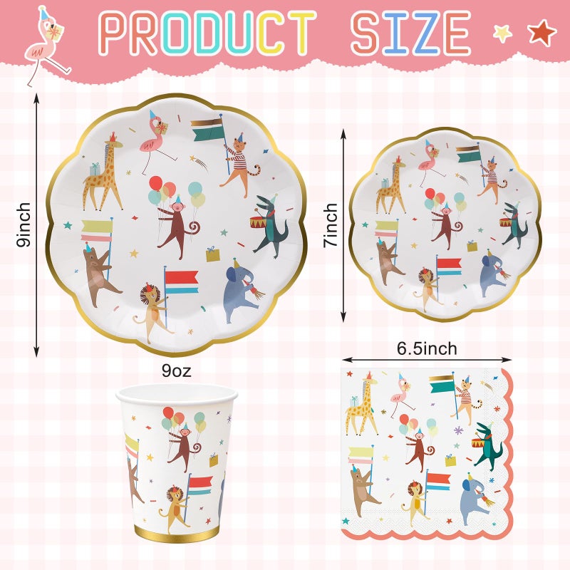 Maxdot 100 Pcs Animal Parade Party Plates Set, Including 9 Inch and 7 Inch Animal Parade Paper Scalloped Plates, Cute Disposable Napkins and Paper Cups for Kids Birthday Decorations, Baby Shower - Image 2