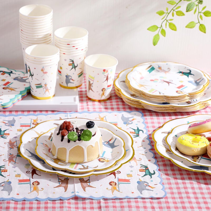 Maxdot 100 Pcs Animal Parade Party Plates Set, Including 9 Inch and 7 Inch Animal Parade Paper Scalloped Plates, Cute Disposable Napkins and Paper Cups for Kids Birthday Decorations, Baby Shower - Image 4